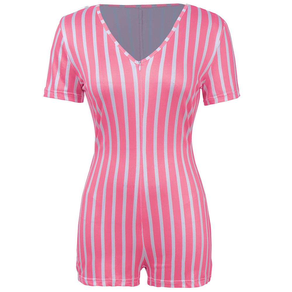 Summer 2022 European and American Foreign Trade Women's Clothing Deep V African Sexy Sports Striped Short Sleeve Tight Shorts Zipper Jumpsuit Summer 2022 European and American Foreign Trade Women's Clothing Deep V African Sexy Sports Striped Short Sleeve Tight Shorts Zipper Jumpsuit