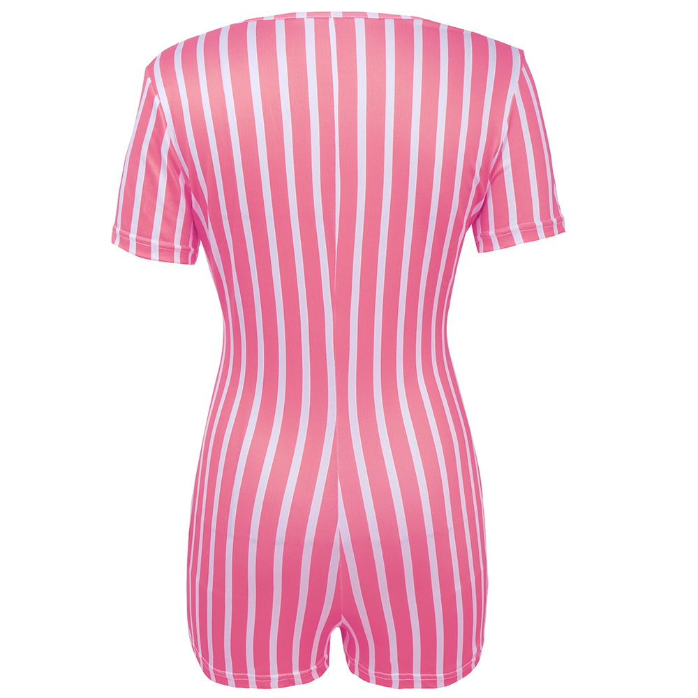 Summer 2022 European and American Foreign Trade Women's Clothing Deep V African Sexy Sports Striped Short Sleeve Tight Shorts Zipper Jumpsuit Summer 2022 European and American Foreign Trade Women's Clothing Deep V African Sexy Sports Striped Short Sleeve Tight Shorts Zipper Jumpsuit