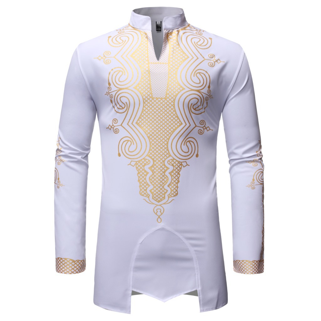 Cross-Border African-Style Men&#039;s Button-down Shirt Golden Printing Pattern Turkish Chiefs Long Lining ZT-FZ49