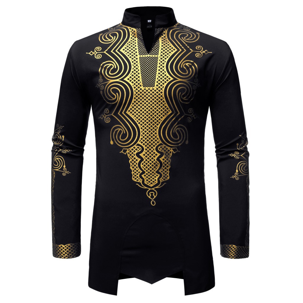 Cross-Border African-Style Men&#039;s Button-down Shirt Golden Printing Pattern Turkish Chiefs Long Lining ZT-FZ49
