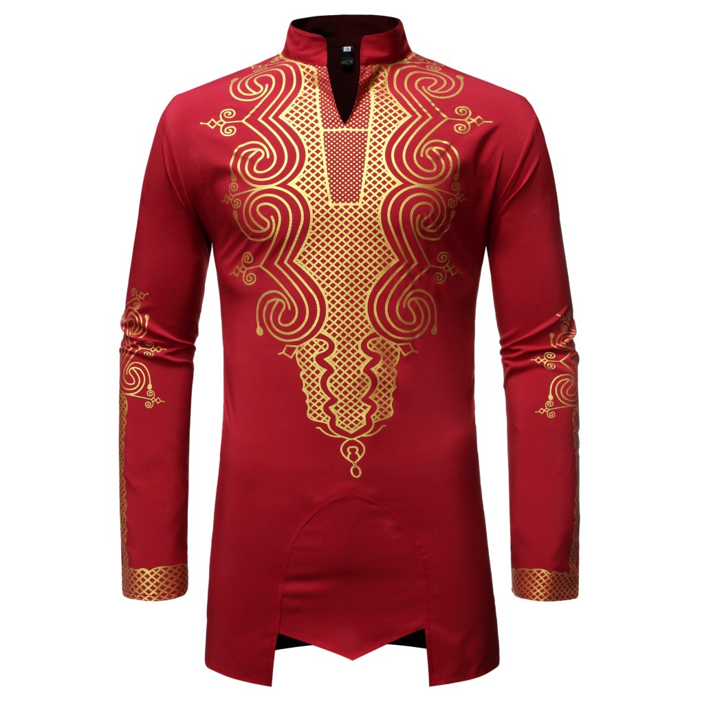 Cross-Border African-Style Men's Button-down Shirt Golden Printing Pattern Turkish Chiefs Long Lining ZT-FZ49