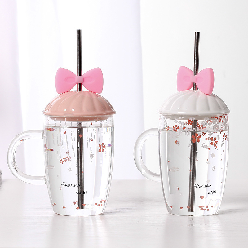 Personality Simple Glass Fresh with Bowknot Straw Glass Cup Student Creativity Cup with Lid Juice Cup