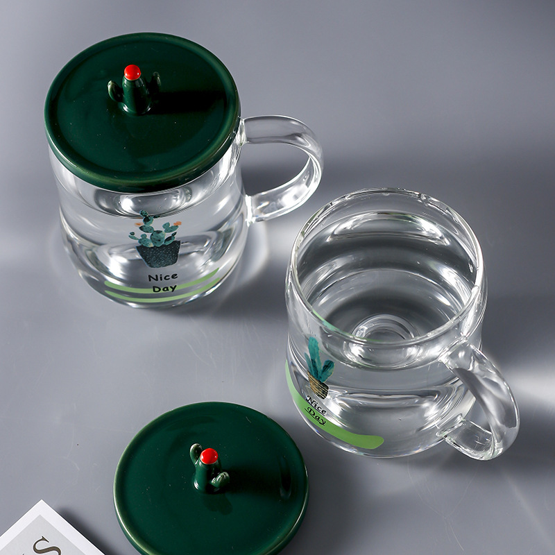 Office Creative Student Glass Cup with Lid Cartoon Cactus Borosilicate Glass Tea Cup Single Layer Customization