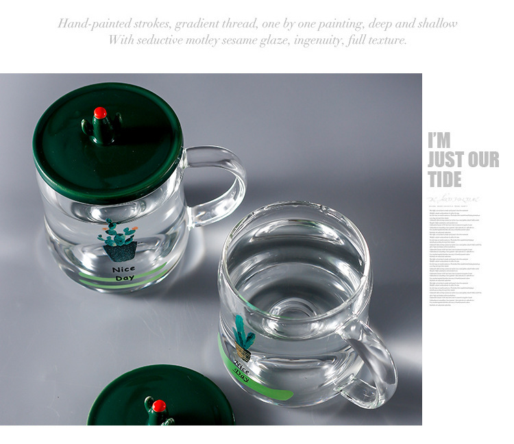 Office Creative Student Glass Cup with Lid Cartoon Cactus Borosilicate Glass Tea Cup Single Layer Customization
