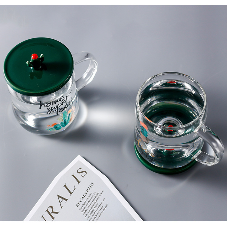 Office Creative Student Glass Cup with Lid Cartoon Cactus Borosilicate Glass Tea Cup Single Layer Customization