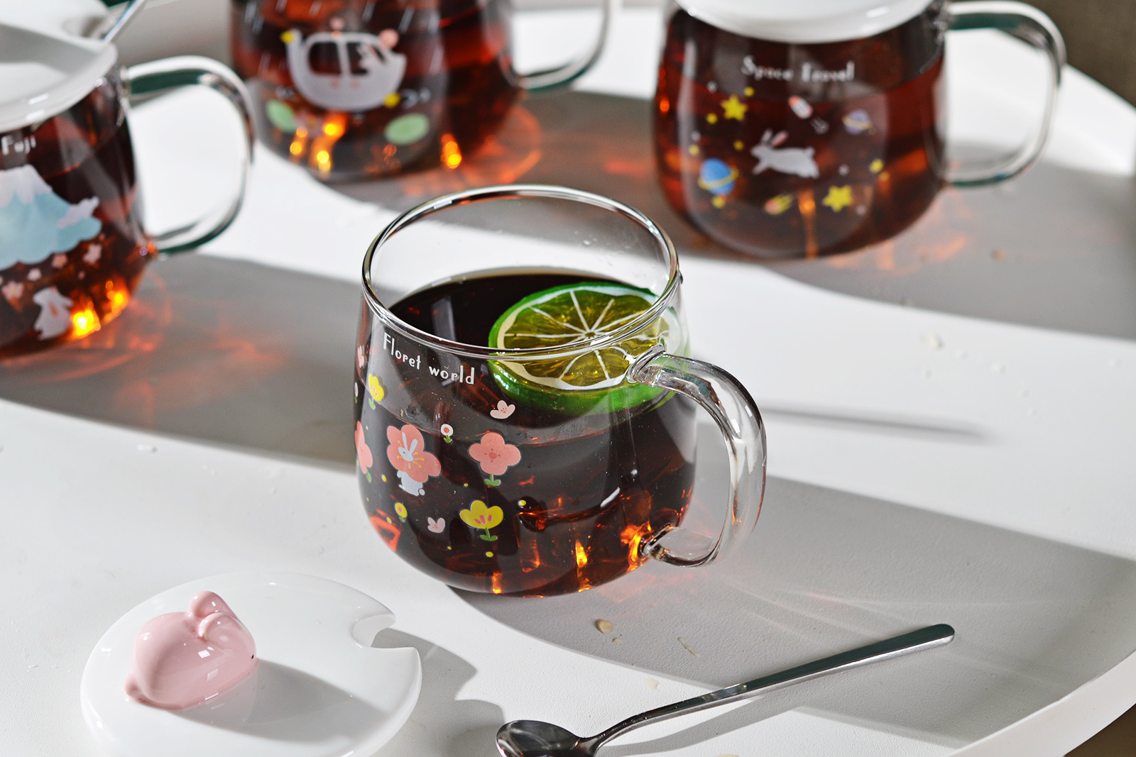 Rabbit Cartoon Borosilicate Glass Cup Household Water Cup Milk Cup with Cover Spoon Glass Customized Wholesale