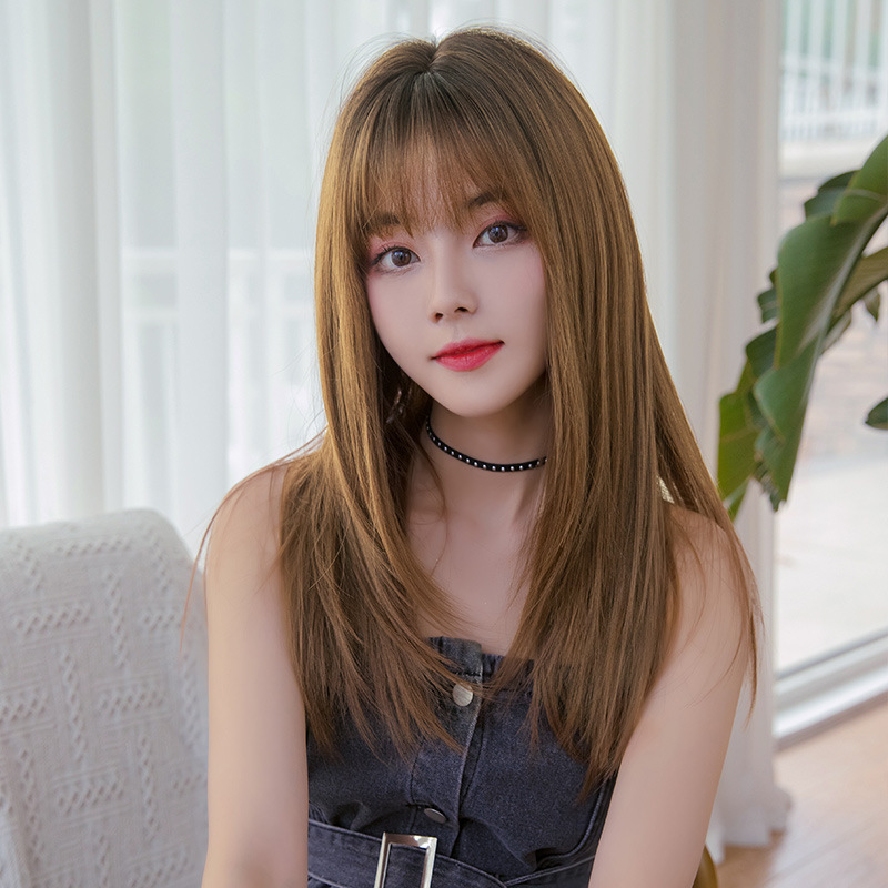 Big Goods Wholesale Women&#039;s Long Hair Realistic Natural Full-Head Wig Long Straight Hair Air Bangs Wig Fluffy Internet Celebrity Hair Cover