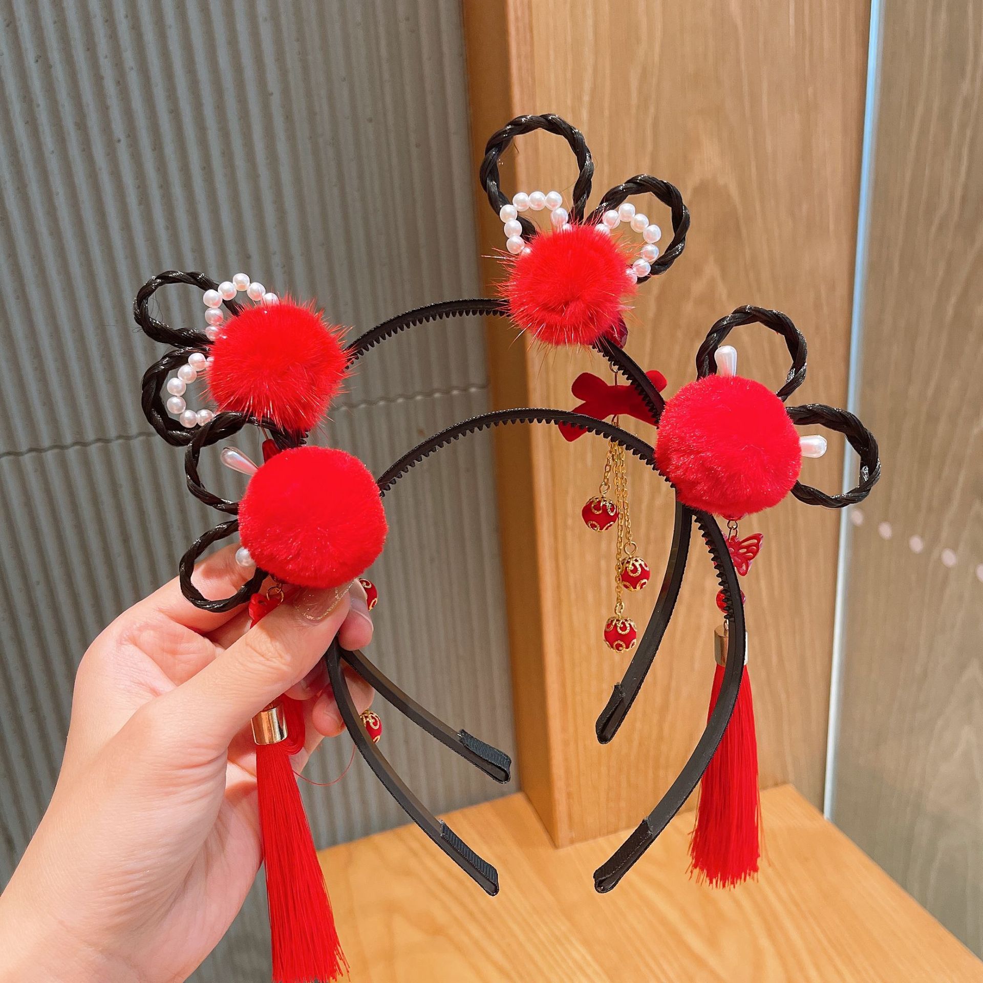 Children&#039;s Han Chinese Costume Headdress Girls&#039; Wig Braid Headband Hair Ball Tassel Hairpin Baby Antique Hairpin Headband Hair Accessories