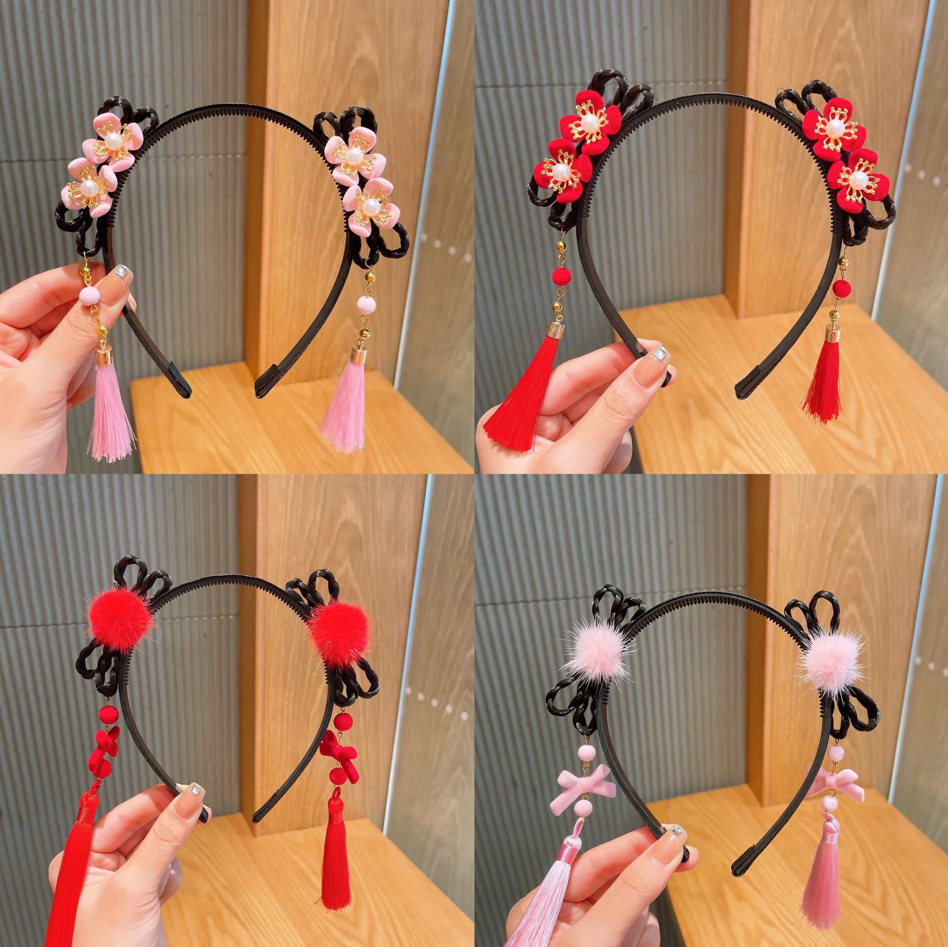 Children&#039;s Han Chinese Costume Headdress Girls&#039; Wig Braid Headband Hair Ball Tassel Hairpin Baby Antique Hairpin Headband Hair Accessories