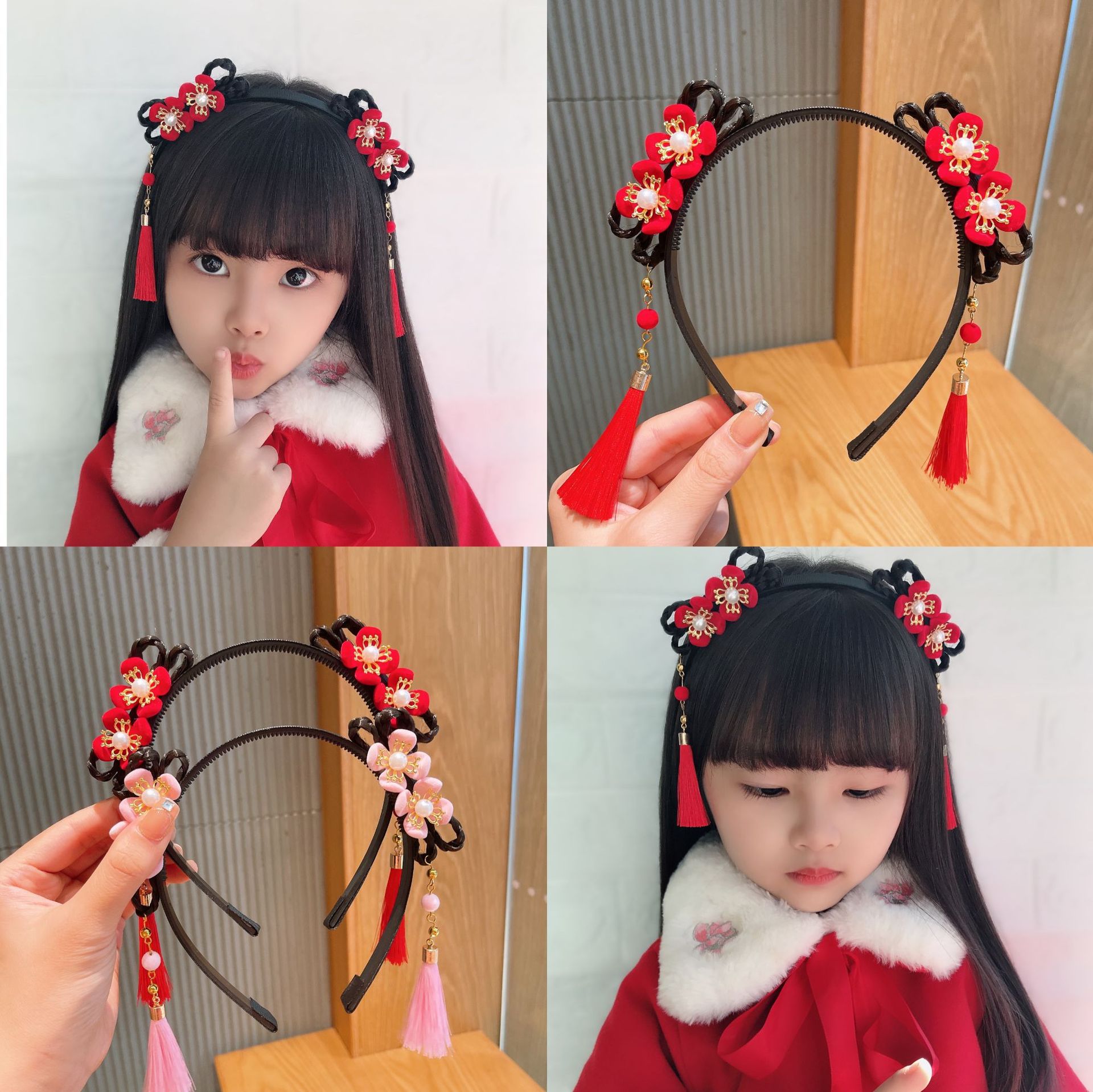 Children&#039;s Han Chinese Costume Headdress Girls&#039; Wig Braid Headband Hair Ball Tassel Hairpin Baby Antique Hairpin Headband Hair Accessories