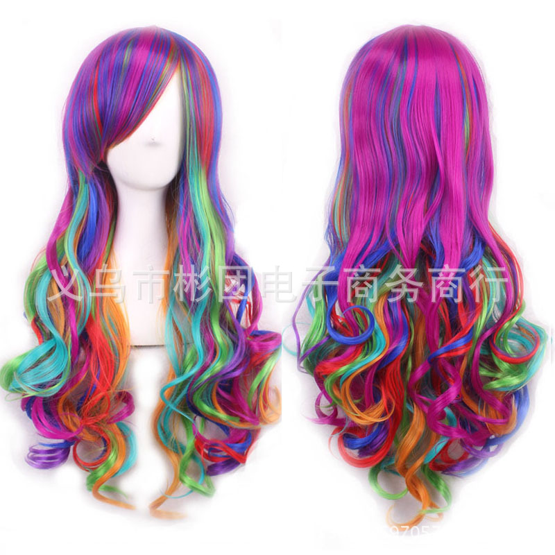New Gradient Cosplay Anime Wig Cos Harajuku Fengcai Color Women&#039;s Long Curly Hair Head Cover Lolita