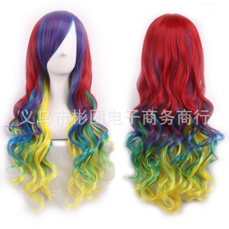 New Gradient Cosplay Anime Wig Cos Harajuku Fengcai Color Women&#039;s Long Curly Hair Head Cover Lolita