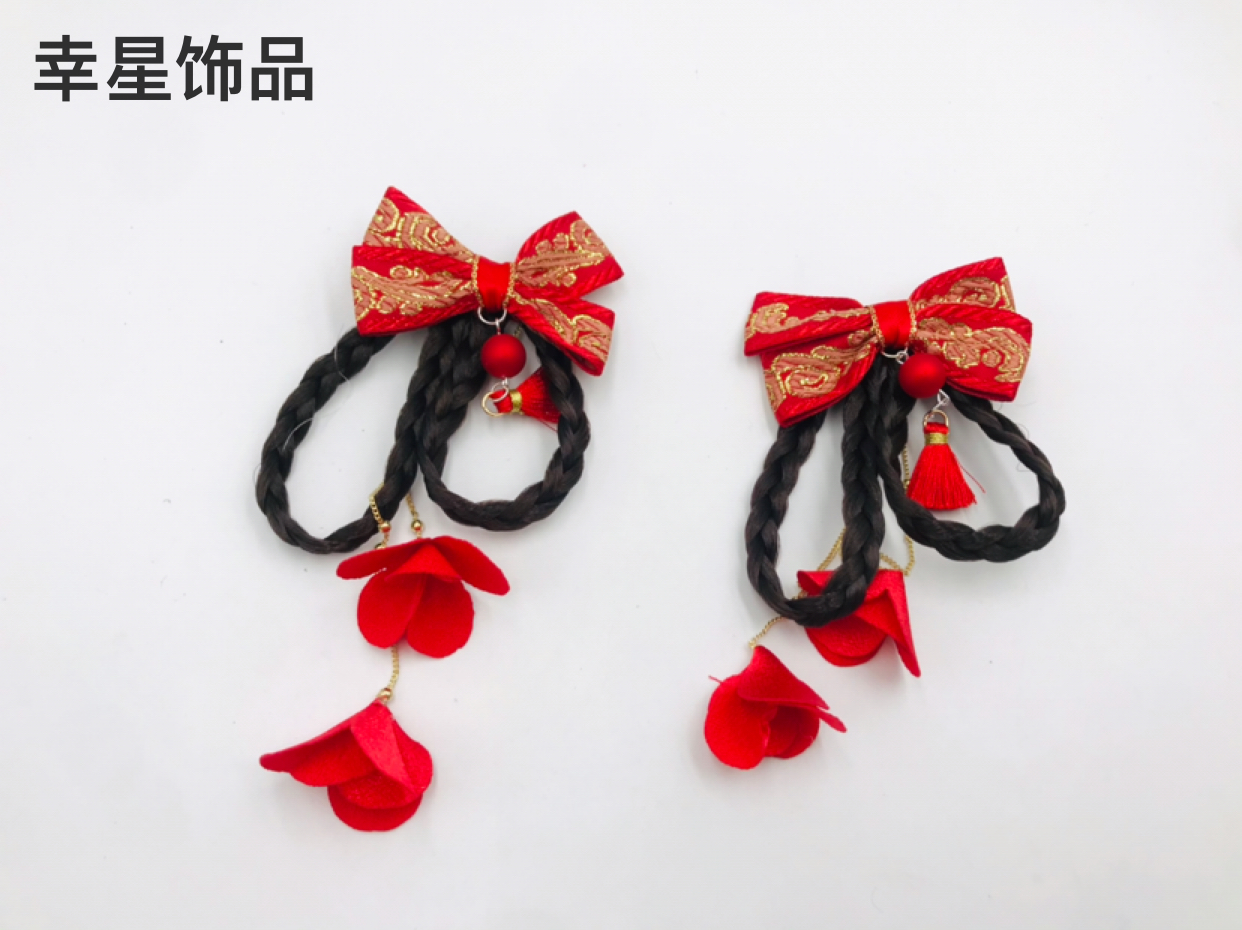 Barrettes Wig Braid Girl Red Chinese Style Bow Children&#039;s Han Chinese Costume a Pair of Hairclips New Year Hair Accessories