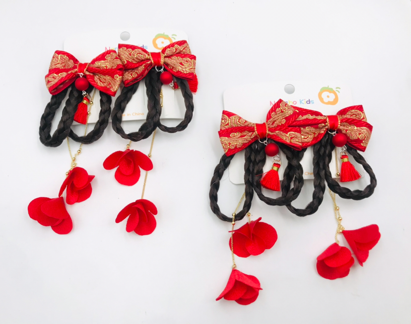 Barrettes Wig Braid Girl Red Chinese Style Bow Children's Han Chinese Costume a Pair of Hairclips New Year Hair Accessories Barrettes Wig Braid Girl Red Chinese Style Bow Children's Han Chinese Costume a Pair of Hairclips New Year Hair Accessories