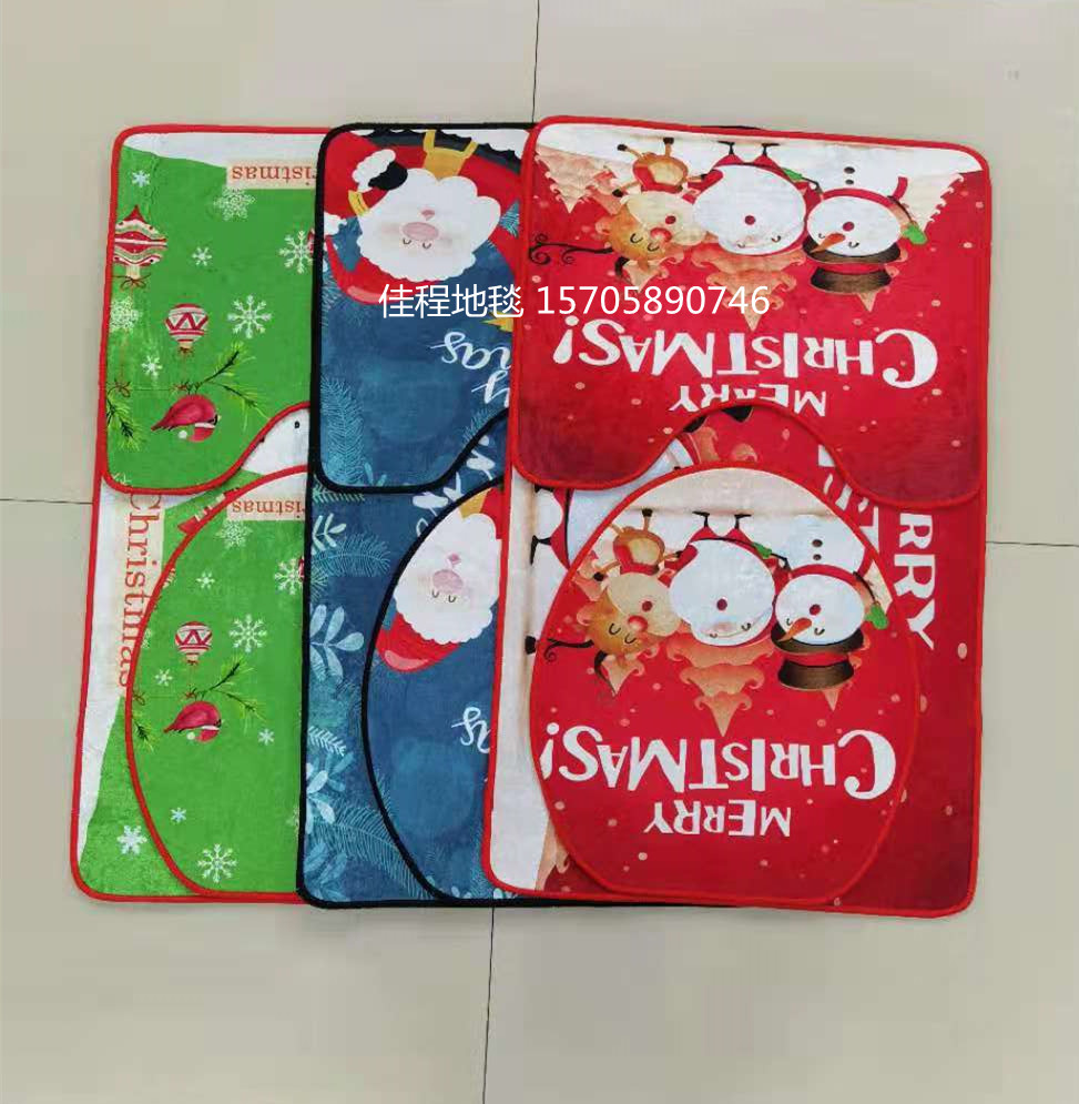 Christmas Mat Shiny Velvet Toilet Three-Piece Floor Mat Christmas Toilet Mat Mat Christmas  Combination  Non-Slip Mat