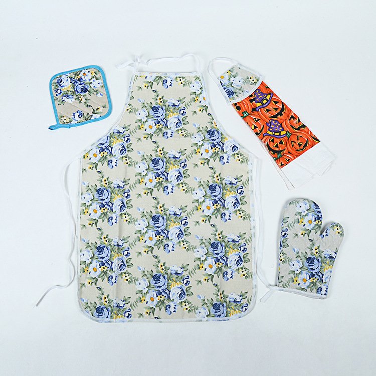 Factory direct sales of new rural printing small floral apron four pieces of kitchen supplies wholesale household apron.
