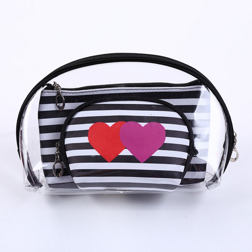 Korean PVC Three-Piece Set Cosmetic Bag Love Striped Women Bag Waterproof Wash Bag Storage Bag Clutch