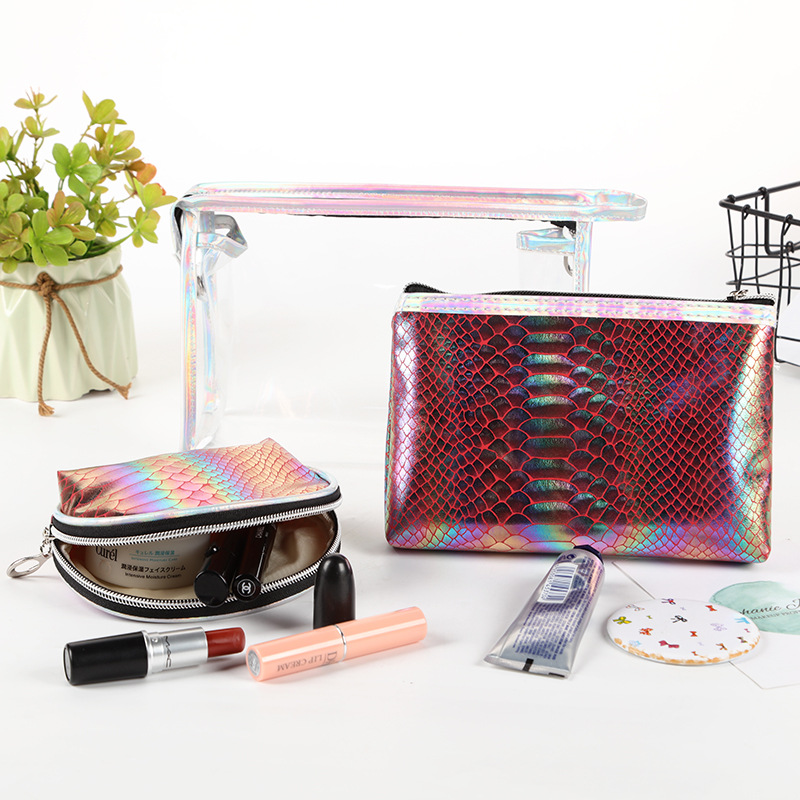 2019 new transparent gradient fish scale sequins fashion makeup bag storage bag three sets of multi-style options 2019 new transparent gradient fish scale sequins fashion makeup bag storage bag three sets of multi-style options