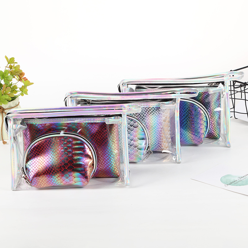 2019 new transparent gradient fish scale sequins fashion makeup bag storage bag three sets of multi-style options 2019 new transparent gradient fish scale sequins fashion makeup bag storage bag three sets of multi-style options