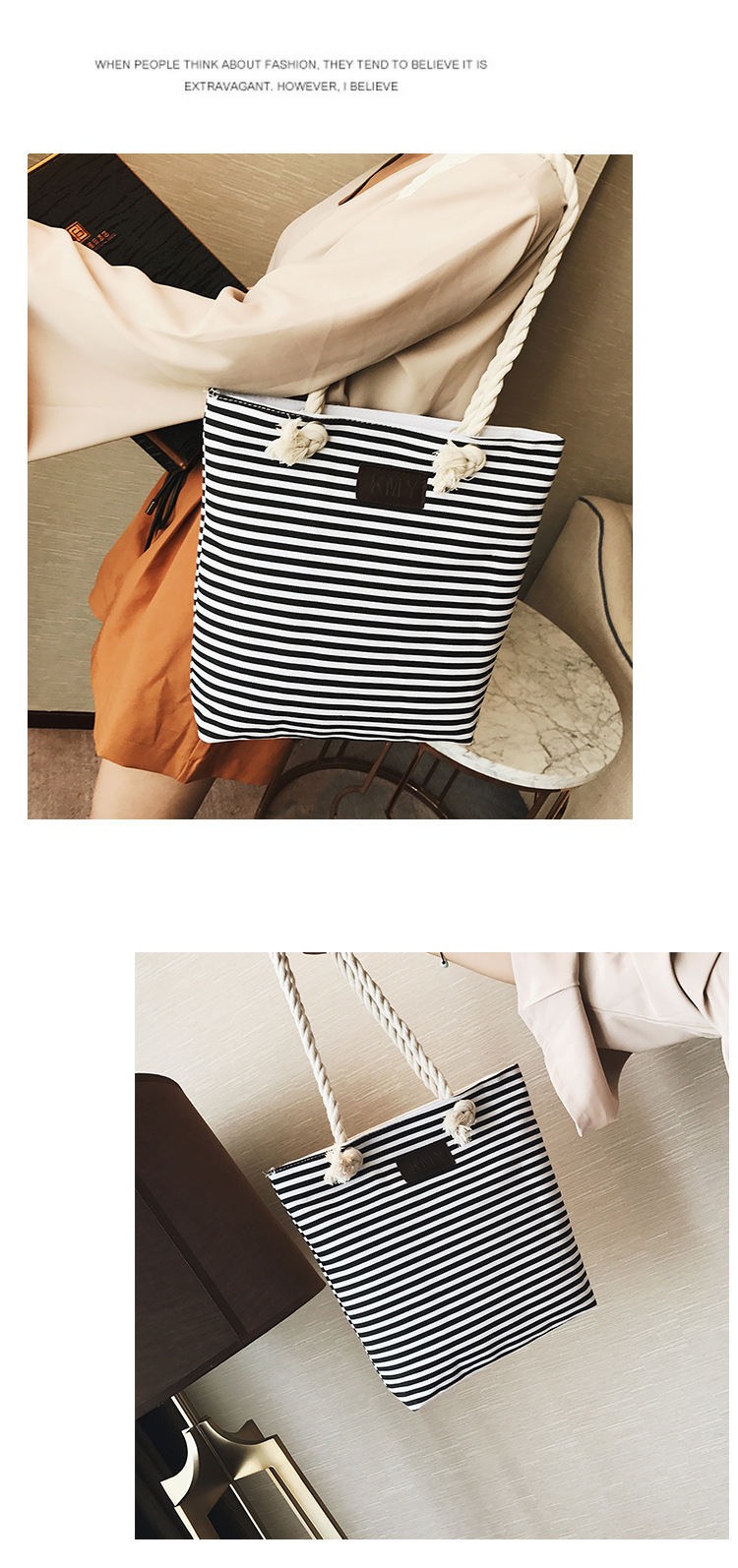Zebra Striped Canvas Bag Women's Hemp Rope Shoulder Bag Handbag Large Capacity Storage Bag Mummy Bag School Bag