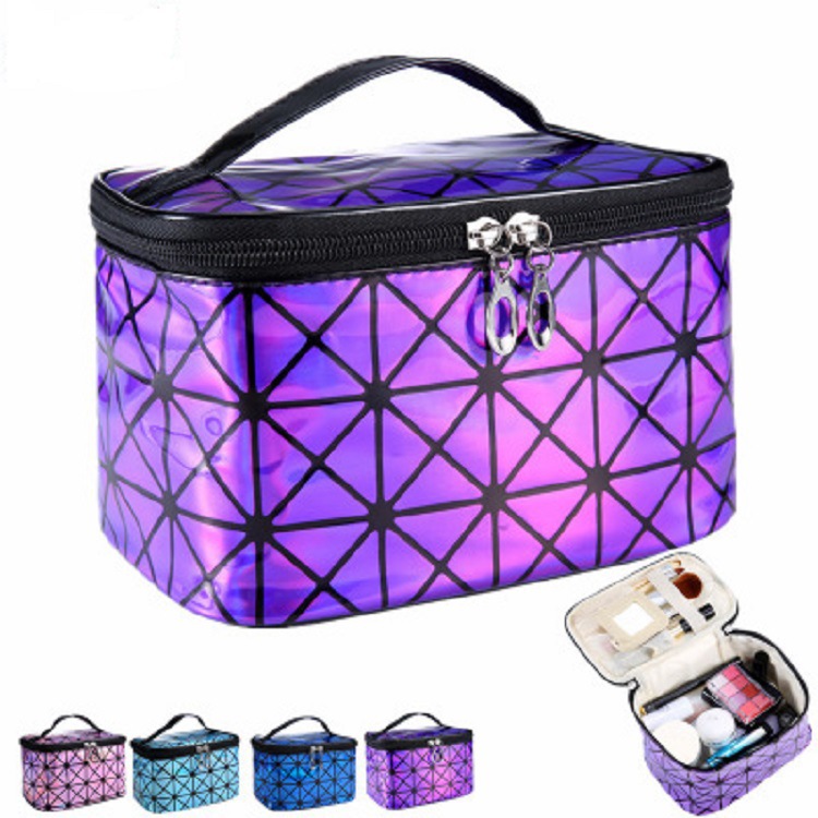 Diamond Grid Cosmetic Bag 3D Laser Pu Folding Cosmetic Bag Portable Travel Handbag Waterproof Storage Bag Wash Bag