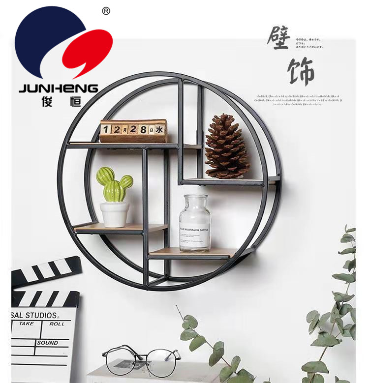 Chinese Style Living Room Wall Hanging Shelf Iron Solid Wood Partition round Decorative Shelf Storage Rack Wall Hanging