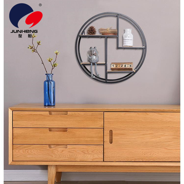 Chinese Style Living Room Wall Hanging Shelf Iron Solid Wood Partition round Decorative Shelf Storage Rack Wall Hanging