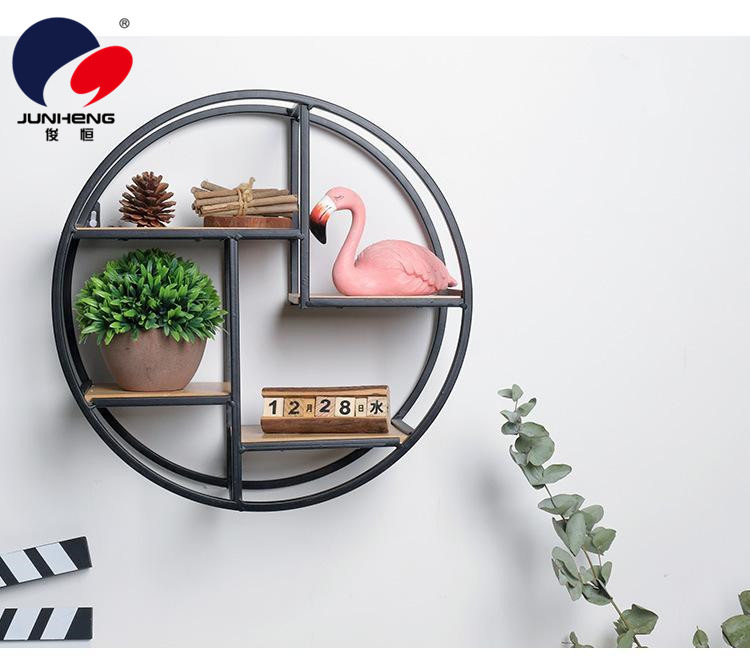 Chinese Style Living Room Wall Hanging Shelf Iron Solid Wood Partition round Decorative Shelf Storage Rack Wall Hanging