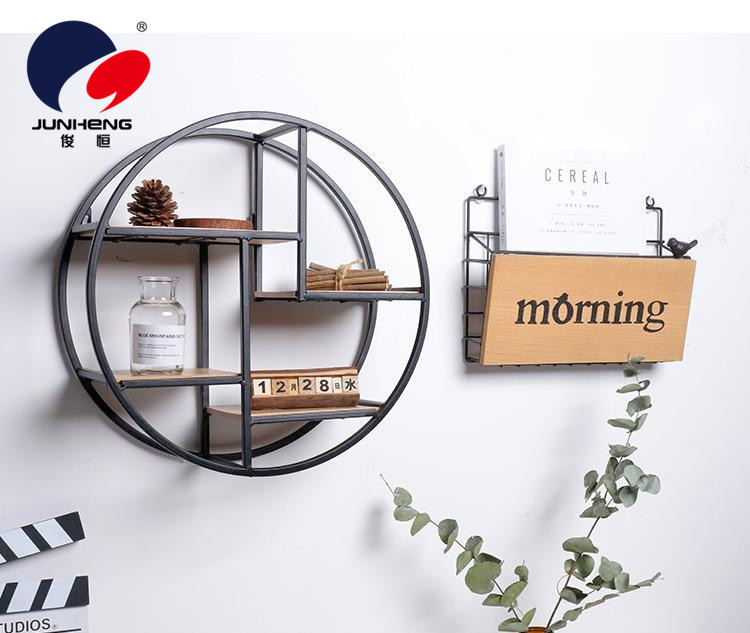 Chinese Style Living Room Wall Hanging Shelf Iron Solid Wood Partition round Decorative Shelf Storage Rack Wall Hanging