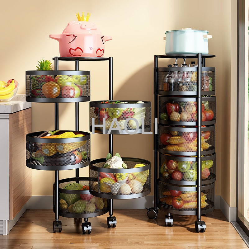 Multi-layer rotatable round square kitchen fruit vegetable drain basket mobile storage rack space saving shelf