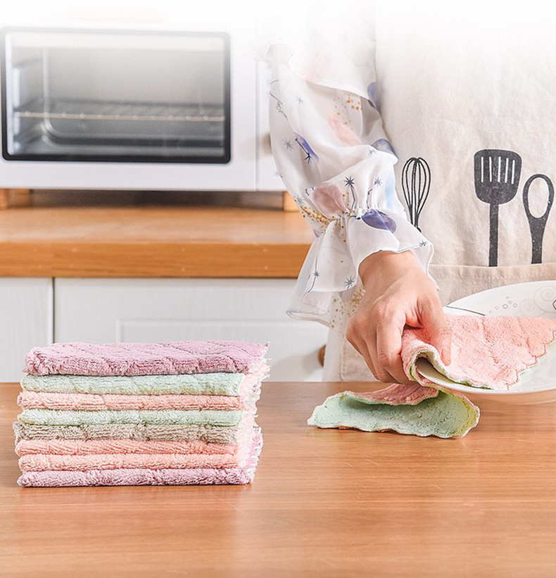 Household Lazy Rag Kitchen Cleaning Dishcloth Double-Sided Scouring Pad Composite Absorbent Cleaning Towel Coral Velvet Rag