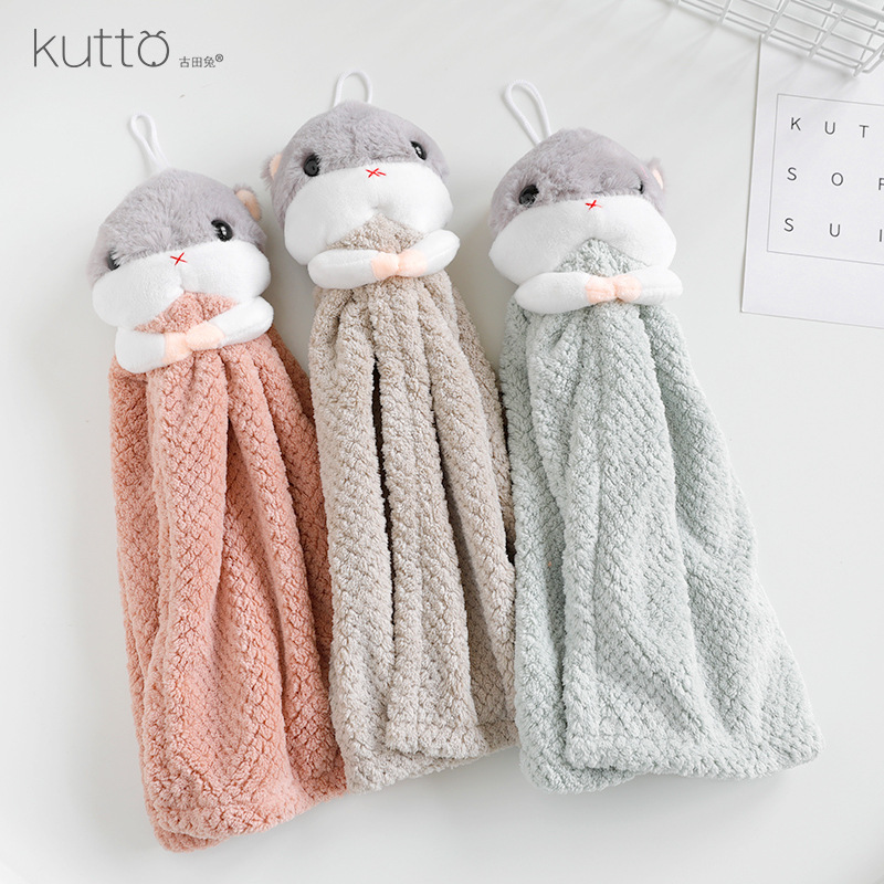Kutto Coral Fleece Cartoon Hanging Towel Cute Hamster Absorbent Kitchen Bathroom Thickened Small Tower