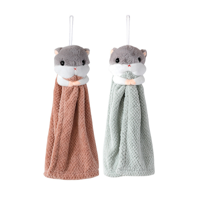 Kutto Coral Fleece Cartoon Hanging Towel Cute Hamster Absorbent Kitchen Bathroom Thickened Small Tower