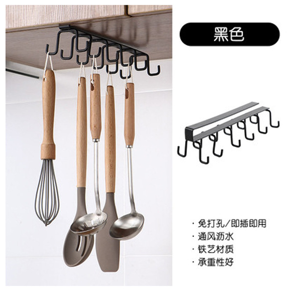 Punch-Free Kitchen Hook Rack Wrought Iron Double J Hook Hanging Rod Kitchenware Rack Spoon and Spatula Storage Rack Wall Hanging