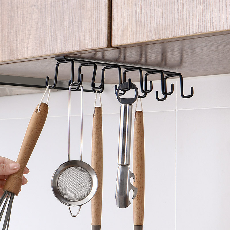 Punch-Free Kitchen Hook Rack Wrought Iron Double J Hook Hanging Rod Kitchenware Rack Spoon and Spatula Storage Rack Wall Hanging