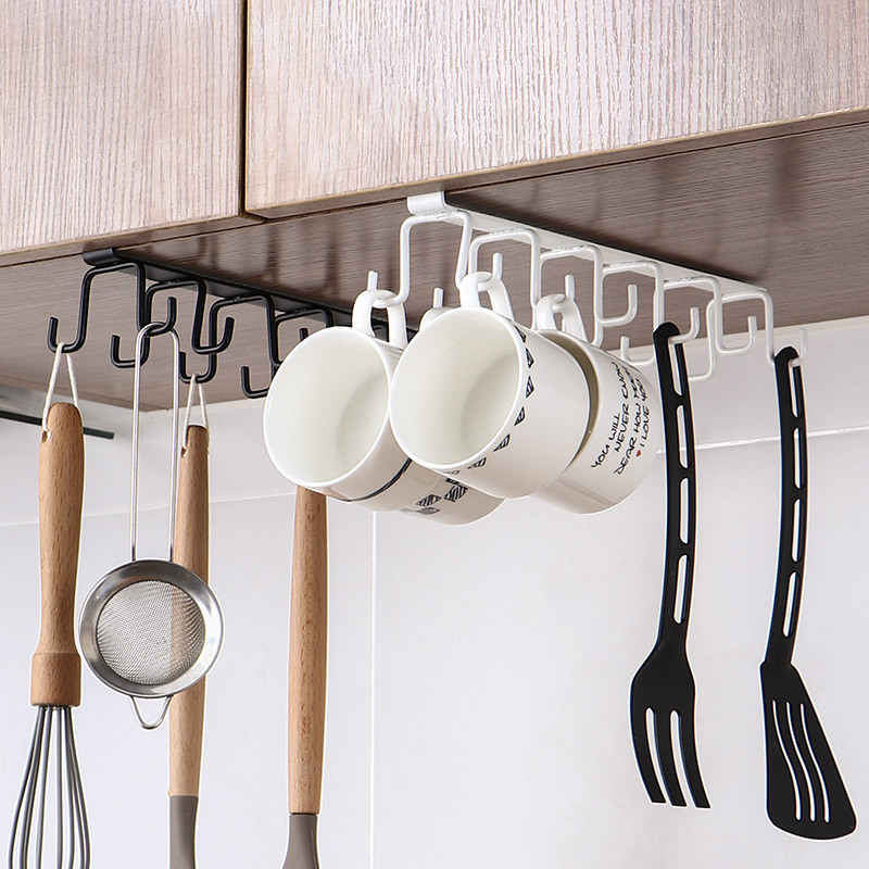 Punch-Free Kitchen Hook Rack Wrought Iron Double J Hook Hanging Rod Kitchenware Rack Spoon and Spatula Storage Rack Wall Hanging