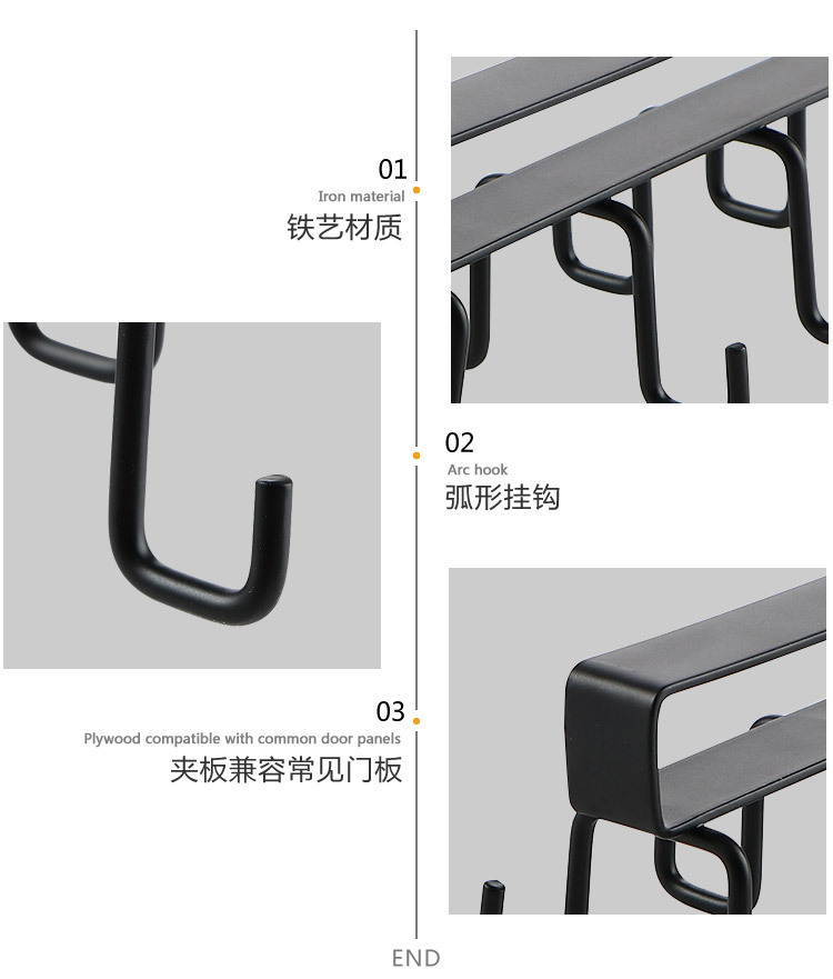 Punch-Free Kitchen Hook Rack Wrought Iron Double J Hook Hanging Rod Kitchenware Rack Spoon and Spatula Storage Rack Wall Hanging