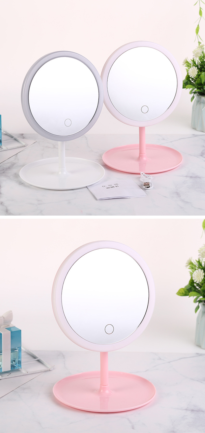 Trending on TikTok Led Make-up Mirror Fill Light with Light Dormitory Desktop Dressing Mirror round Mirror Girls Foldable and Portable