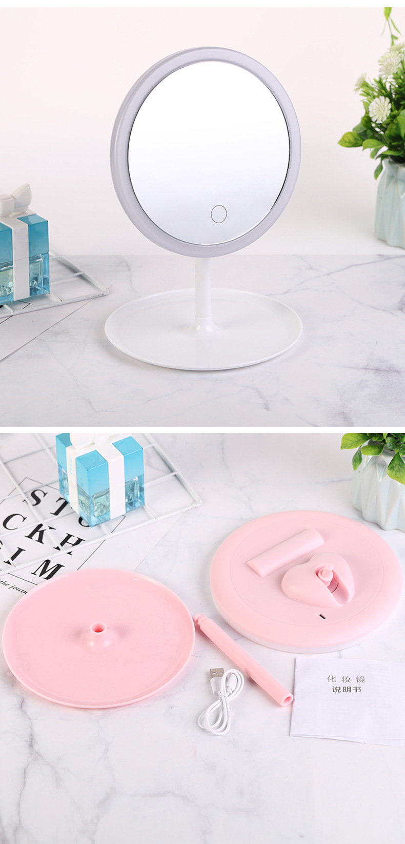 Trending on TikTok Led Make-up Mirror Fill Light with Light Dormitory Desktop Dressing Mirror round Mirror Girls Foldable and Portable