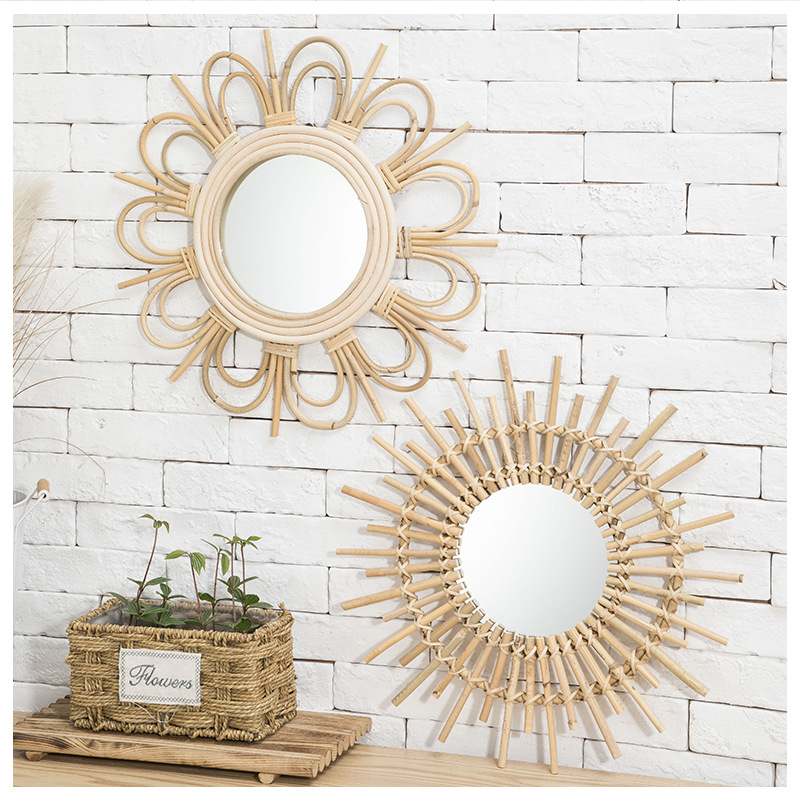 Wicker Decorative Mirror Nordic Rattan Mirror Hand-Knitted B &amp; B Decorative Mirror Wall Hanging Decoration Photography Dressing Mirror
