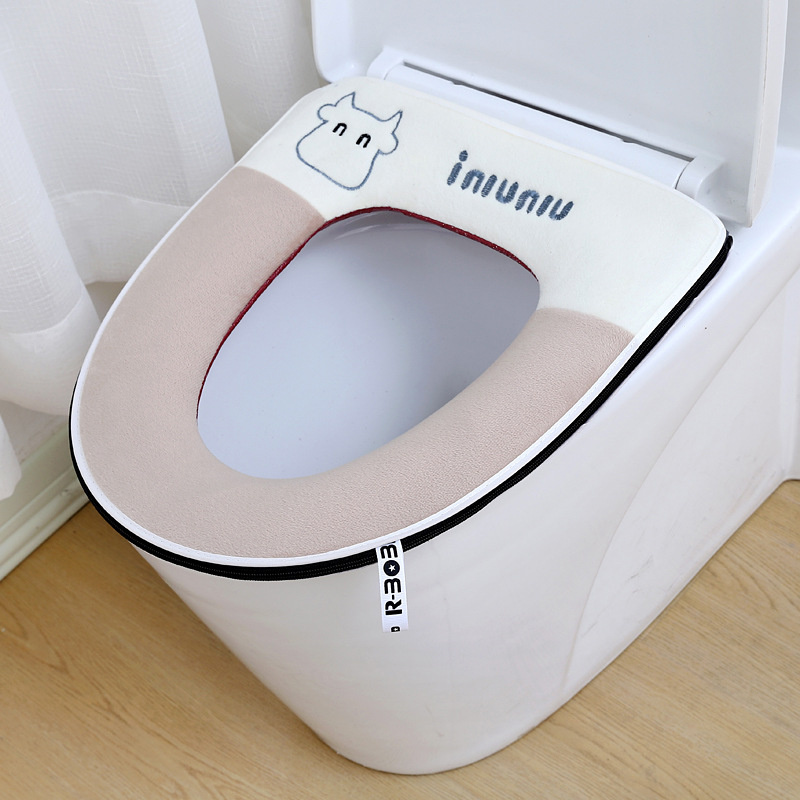 Embroidered Cute Toilet Mat Autumn and Winter Thickened Seat Cover Household Coral Fleece Warm Zipper Cushion with Handle