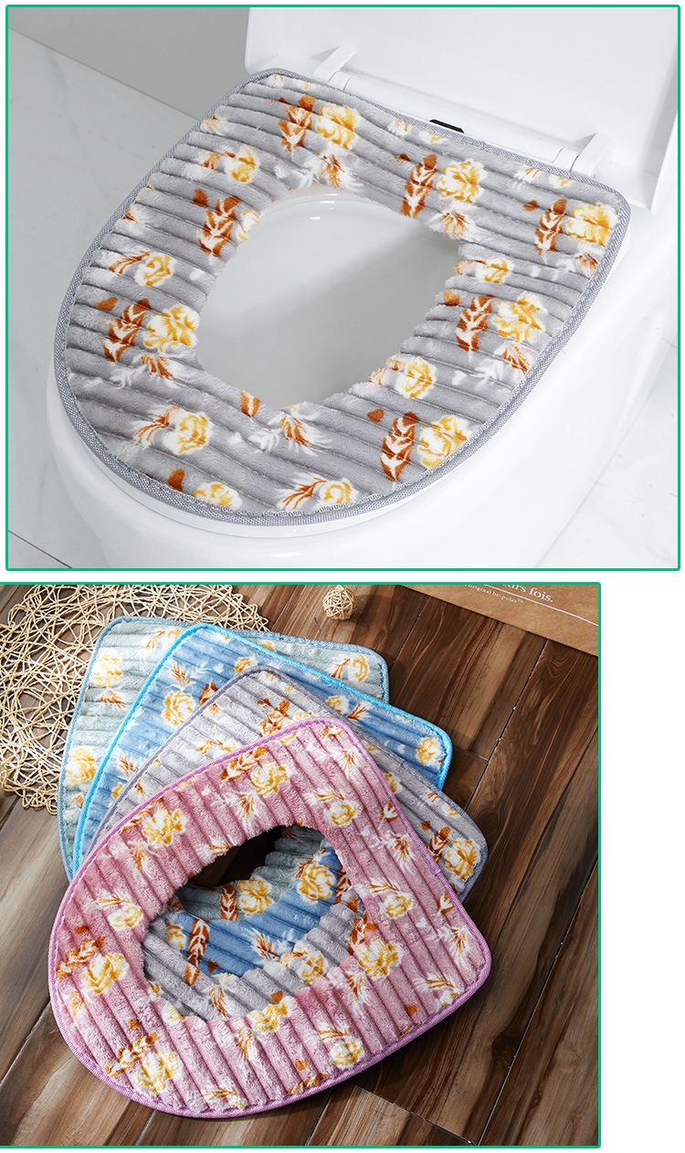 Embroidered Cute Toilet Mat Autumn and Winter Thickened Seat Cover Household Coral Fleece Warm Zipper Cushion with Handle