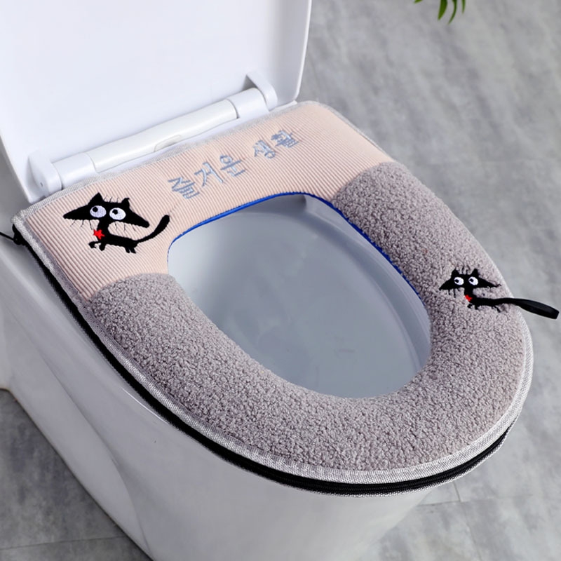 X64-0304 Embroidered Kitten Thickened Toilet Pad Household Winter Toilet Seat Cushion Cartoon Plush Zipper