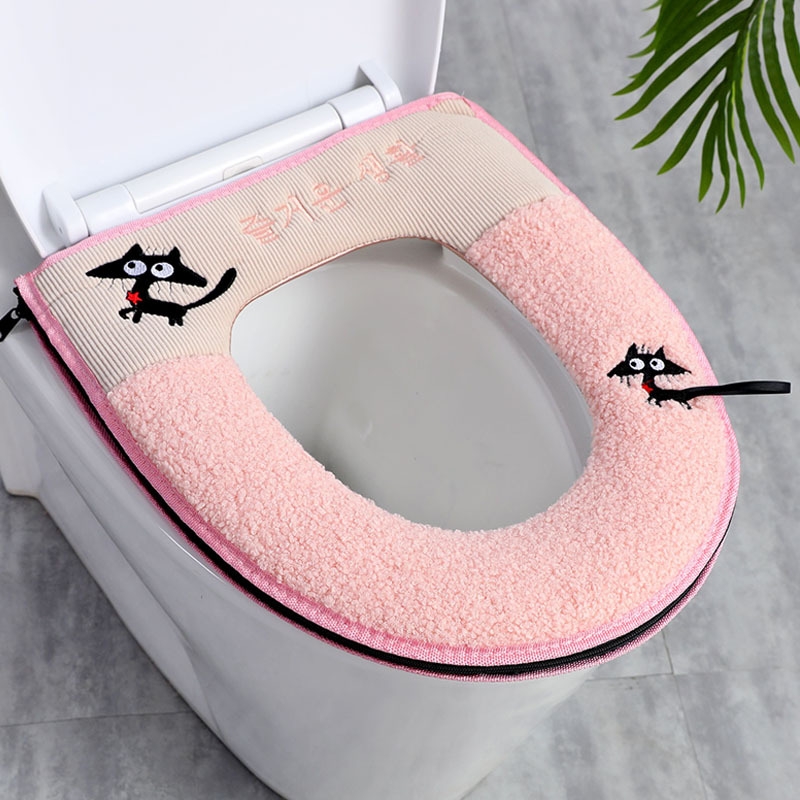 X64-0304 Embroidered Kitten Thickened Toilet Pad Household Winter Toilet Seat Cushion Cartoon Plush Zipper