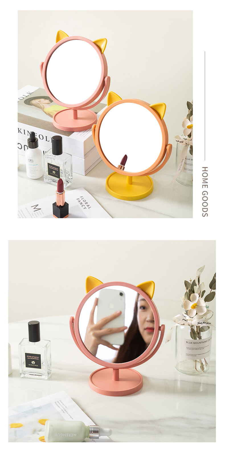 Desktop Makeup Mirror Desktop Cartoon Mirror Female Portable Dormitory Students Cat Ear Dressing Mirror Simple Makeup Princess Mirror
