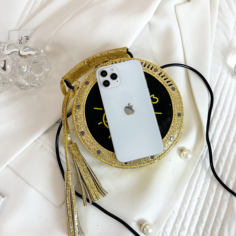 Eccentric Personality Small Bag 2021 Korean Style Fashion Tassel Vintage Clock Shape Portable Crossbody Small round Shoulder Bag