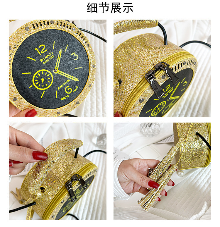 Eccentric Personality Small Bag 2021 Korean Style Fashion Tassel Vintage Clock Shape Portable Crossbody Small round Shoulder Bag