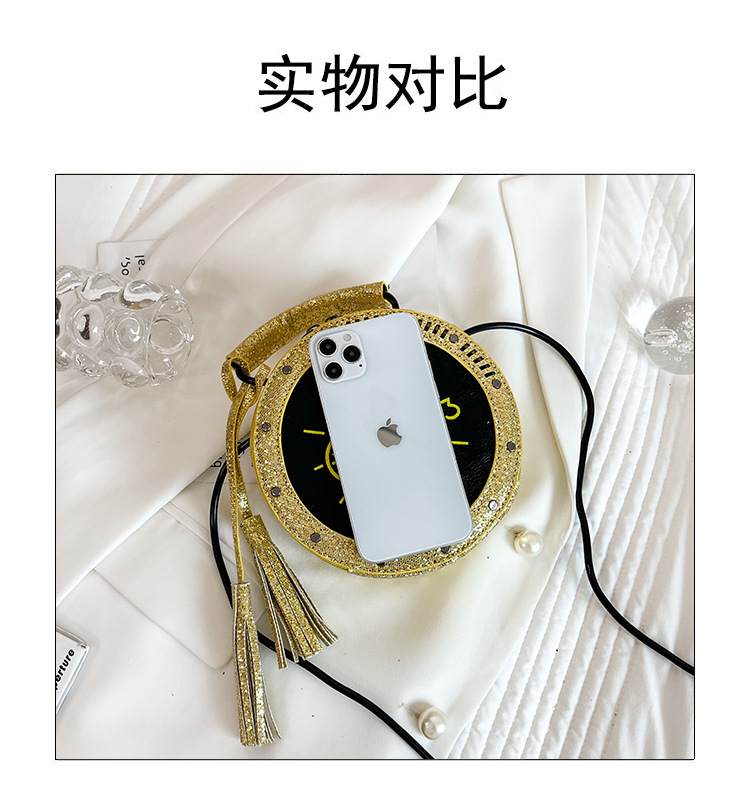 Eccentric Personality Small Bag 2021 Korean Style Fashion Tassel Vintage Clock Shape Portable Crossbody Small round Shoulder Bag
