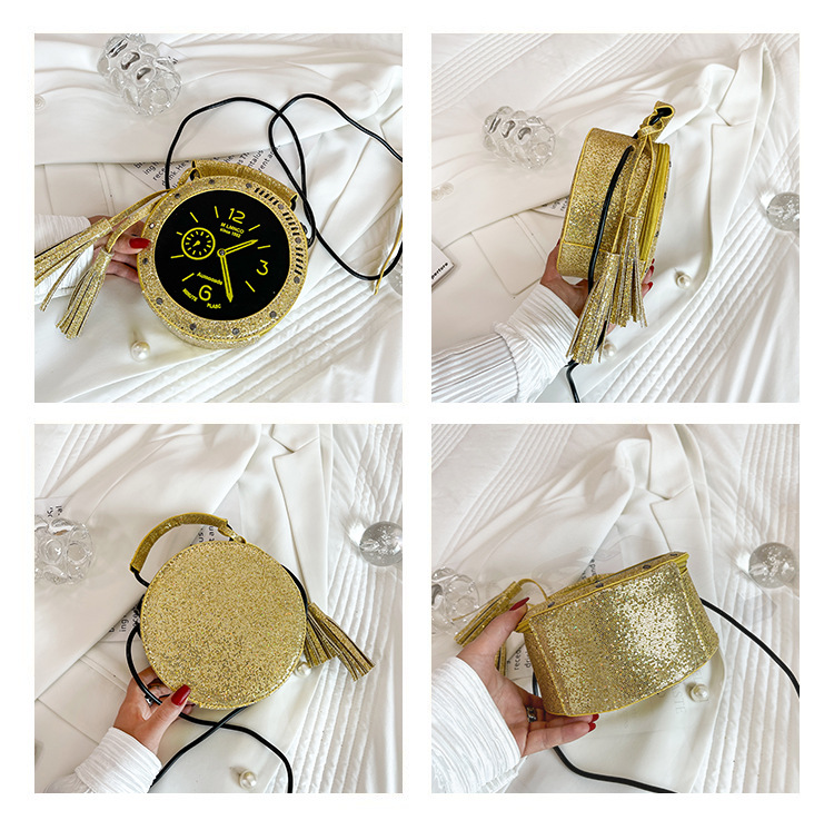 Eccentric Personality Small Bag 2021 Korean Style Fashion Tassel Vintage Clock Shape Portable Crossbody Small round Shoulder Bag