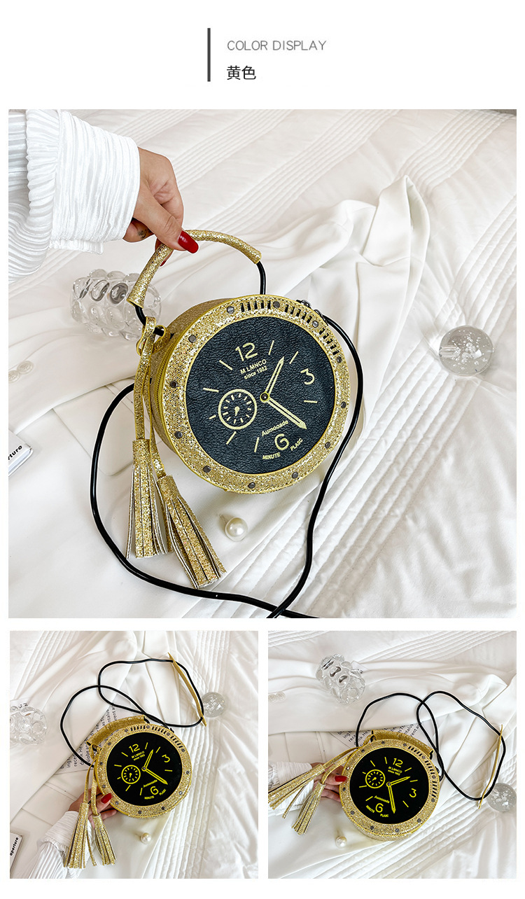 Eccentric Personality Small Bag 2021 Korean Style Fashion Tassel Vintage Clock Shape Portable Crossbody Small round Shoulder Bag
